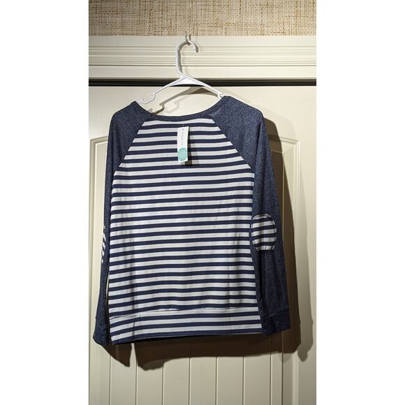 Loveappella Malbec Elbow Patch Blue Striped Knit Top Womens Sz M - Picture 12 of 12